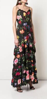 Marchesa Notte Lace-trimmed Tiered Floral-print Crepe De Chine Midi Dress Black